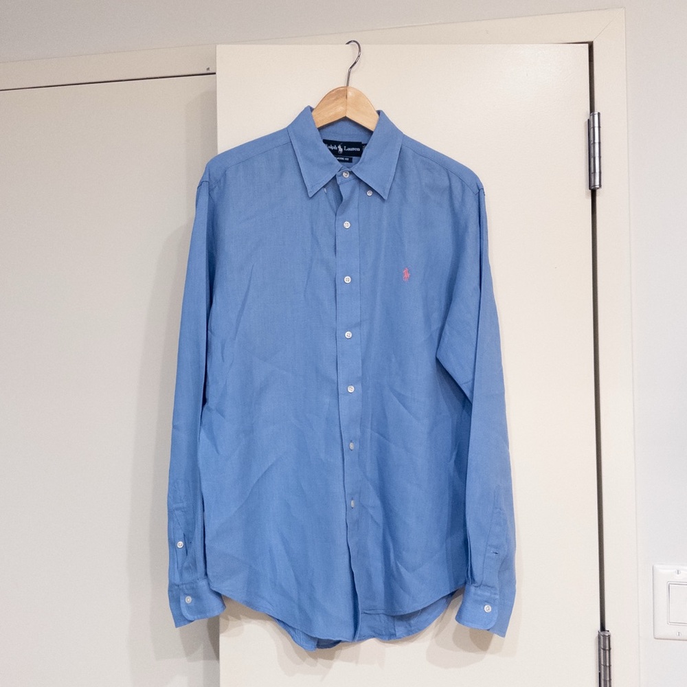 Vintage 100% Linen Ralph Lauren Button Down Shirt in Cornflower Blue, size L